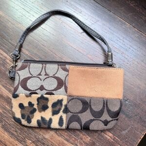 Coach Vintage Patchwork Wristlet Leopard Haircalf Print Suede Signature Jacquard